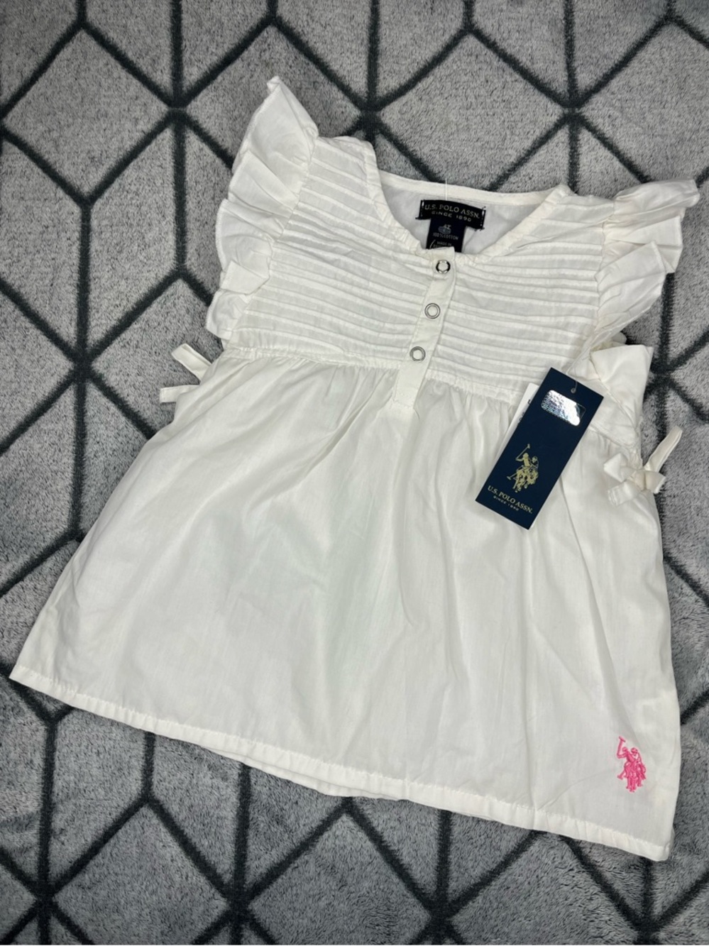 U.S. Polo Assn. White Ruffled Baby Girl Preppy 4T Cotton Top Dress w Pink Logo